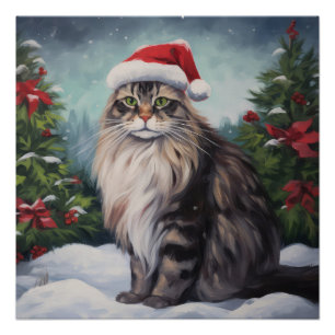 Maine Coon Cat in Snow Christmas Poster