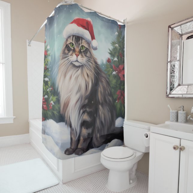 Maine Coon Cat in Snow Christmas Shower Curtain (In Situ)