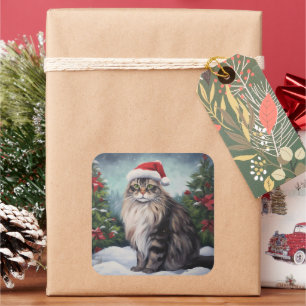 Maine Coon Cat in Snow Christmas Square Sticker