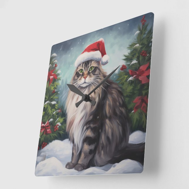 Maine Coon Cat in Snow Christmas Square Wall Clock (Angle)