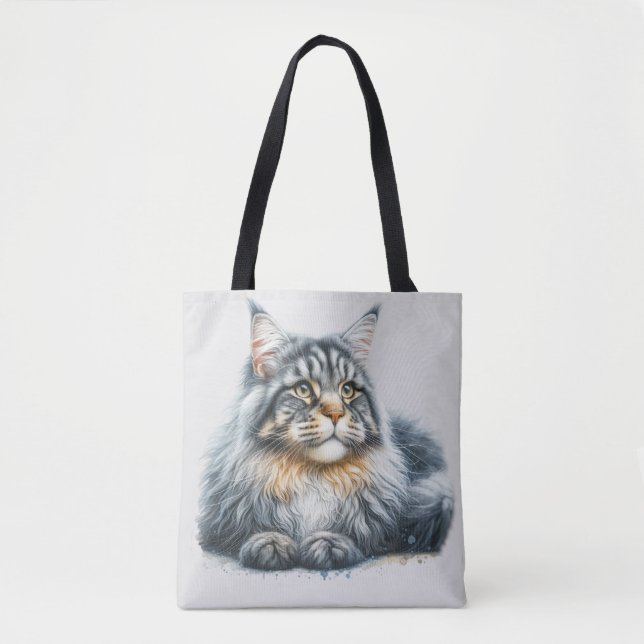 Maine Coon Cat Love in Watercolor Tote Bag (Front)