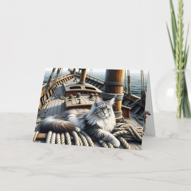 Maine Coon Cat On a Ship Birthday Card (Front)
