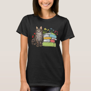 Maine Coon Cat Owner Books Reading Flowers T-Shirt