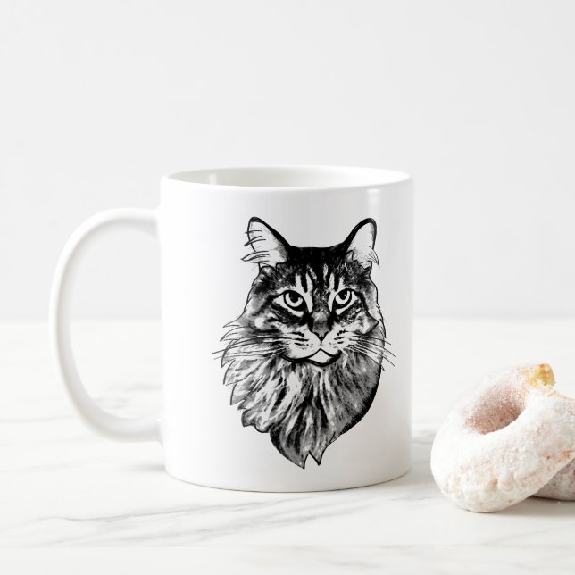 Maine Coon Cat Personalised Drawing Coffee Mug (With Donut)