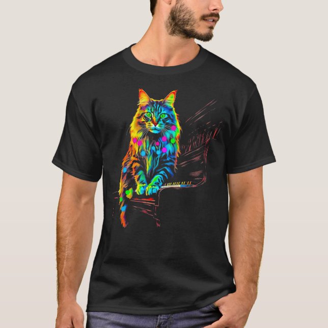 Maine Coon Cat Piano T-Shirt (Front)