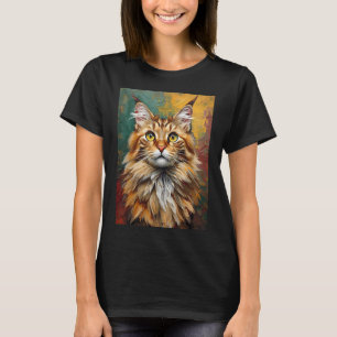 Maine Coon Cat Portrait Vibrant Oil Painting T-Shirt