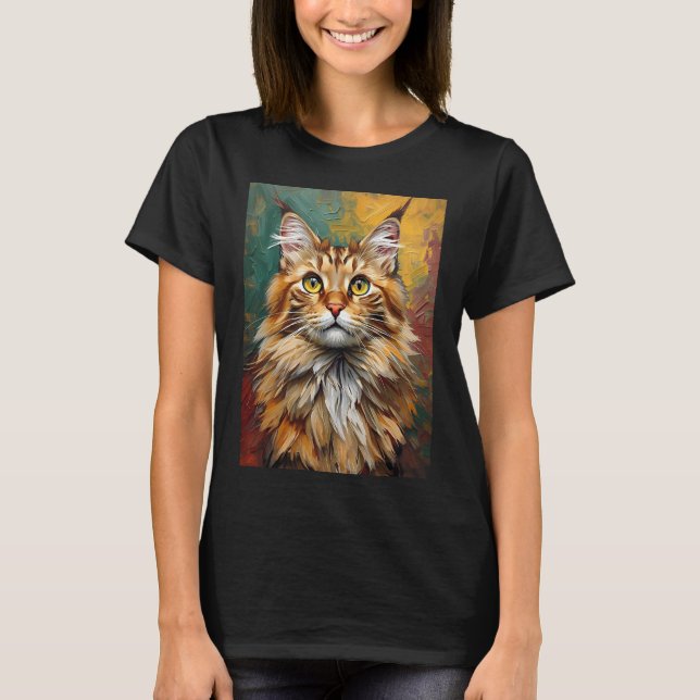 Maine Coon Cat Portrait Vibrant Oil Painting T-Shirt (Front)