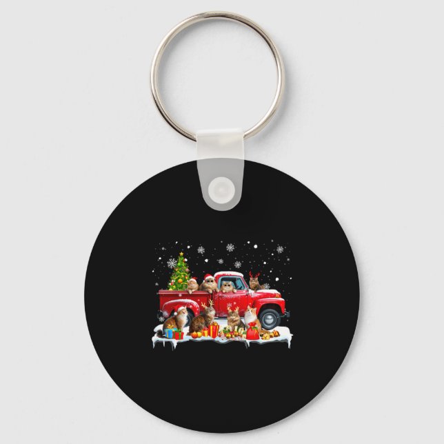 Maine Coon Cat Red Truck Christmas Tree Santa Ugly Key Ring (Front)