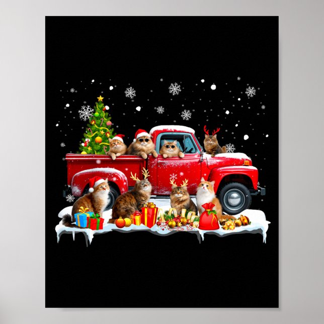 Maine Coon Cat Red Truck Christmas Tree Santa Ugly Poster (Front)