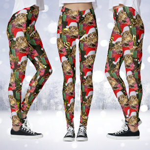 Maine Coon Cat Santa & Gifts Christmas Tree Behind Leggings