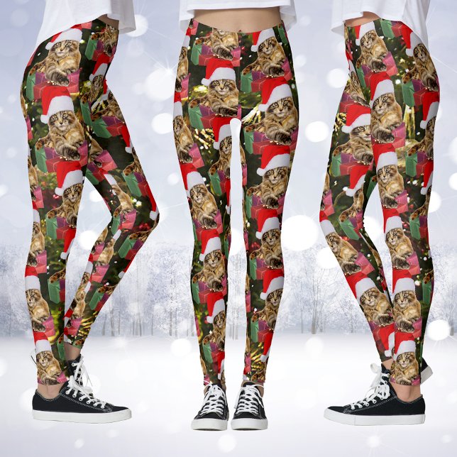 Maine Coon Cat Santa & Gifts Christmas Tree Behind Leggings (Maine Coon Cat Santa & Gifts Christmas Tree Behind Leggings)
