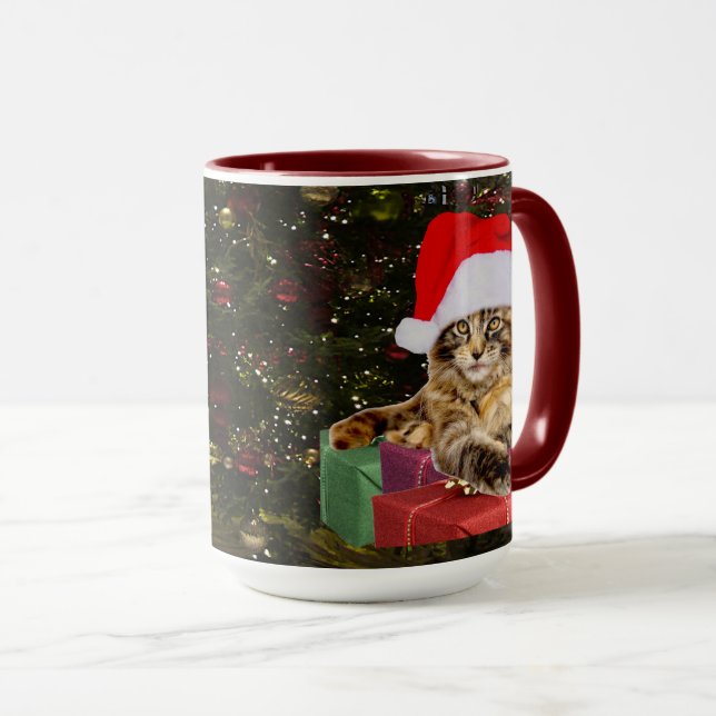 Maine Coon Cat Santa & Gifts Christmas Tree Behind Mug (Front Right)