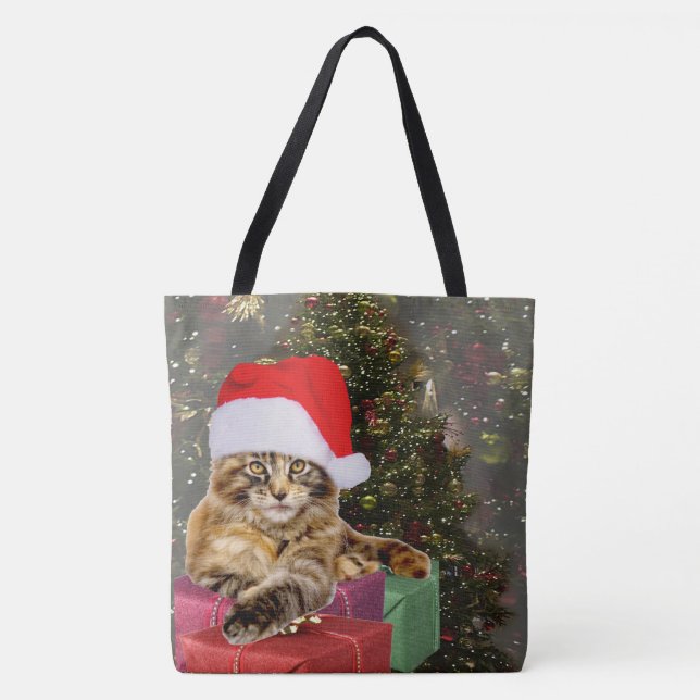 Maine Coon Cat Santa & Gifts Christmas Tree Behind Tote Bag (Front)