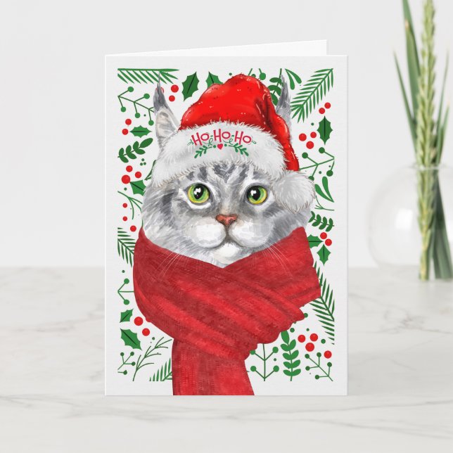 Maine Coon Cat Santa Hat Meowy Christmas Holiday Card (Front)