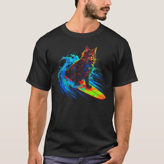 Maine Coon Cat Surfing T-Shirt (Front)