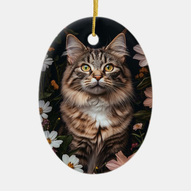 Maine Coon Cat Surrounded by Flowers Ceramic Tree Decoration (Front)