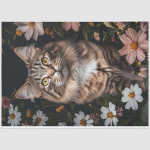 Maine Coon Cat Surrounded by Flowers Decoupage Tissue Paper