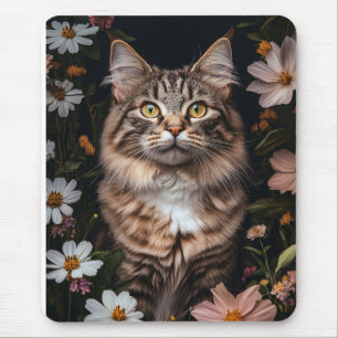 Maine Coon Cat Surrounded by Flowers Mouse Mat