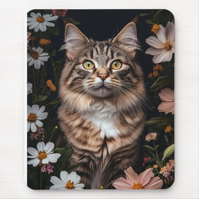 Maine Coon Cat Surrounded by Flowers Mouse Mat (Front)