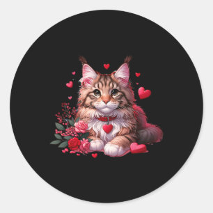 Maine Coon Cat Valentine Hearts Men Women Kids Classic Round Sticker