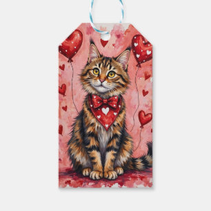 Maine Coon Cat Valentine Sitting with Hearts Red Gift Tags