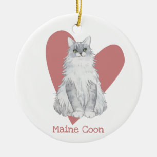 Maine Coon Cat Watercolor Kitty Pink Heart Ceramic Tree Decoration