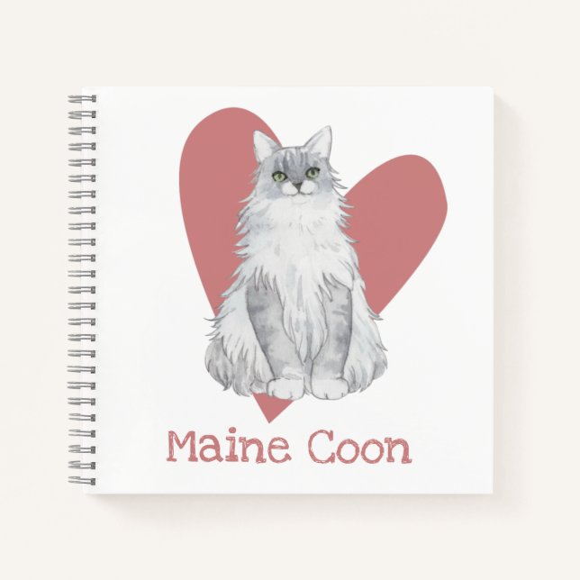 Maine Coon Cat Watercolor Kitty Pink Heart Journal (Front)