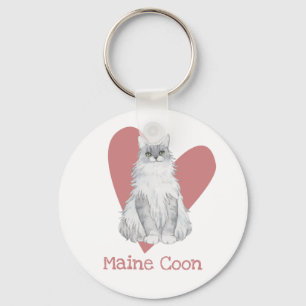 Maine Coon Cat Watercolor Kitty Pink Heart Key Ring