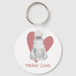 Maine Coon Cat Watercolor Kitty Pink Heart Key Ring