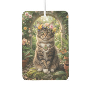 Maine Coon Cat Wearing Flower Crown in a Garden Car Air Freshener