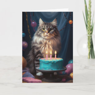 Maine Coon Cat with Birthday Cake Card