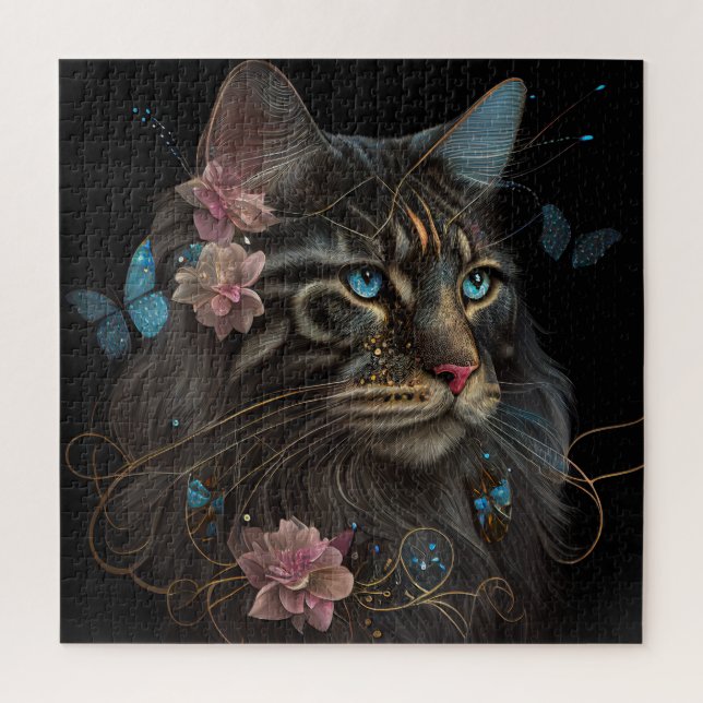 Maine Coon cat  with butterfly and flowers AI art Jigsaw Puzzle (Vertical)