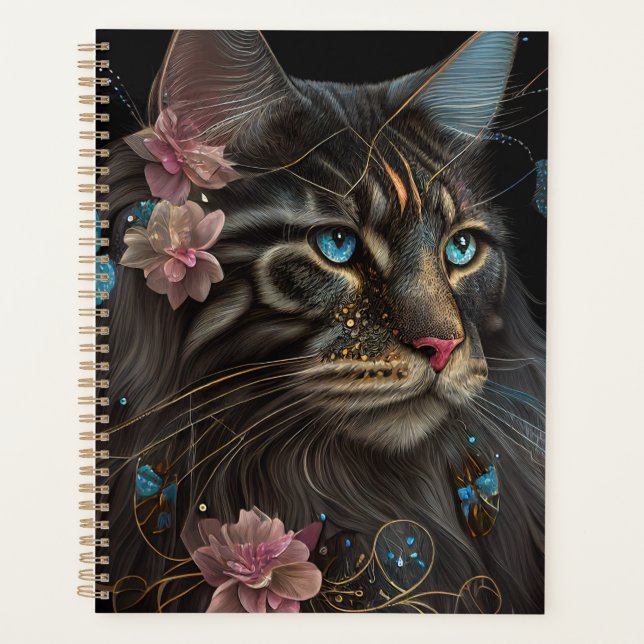 Maine Coon cat  with butterfly and flowers AI art Planner (Front)