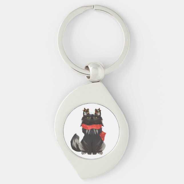 Maine Coon Cat with Christmas Decorations Key Ring (Front)