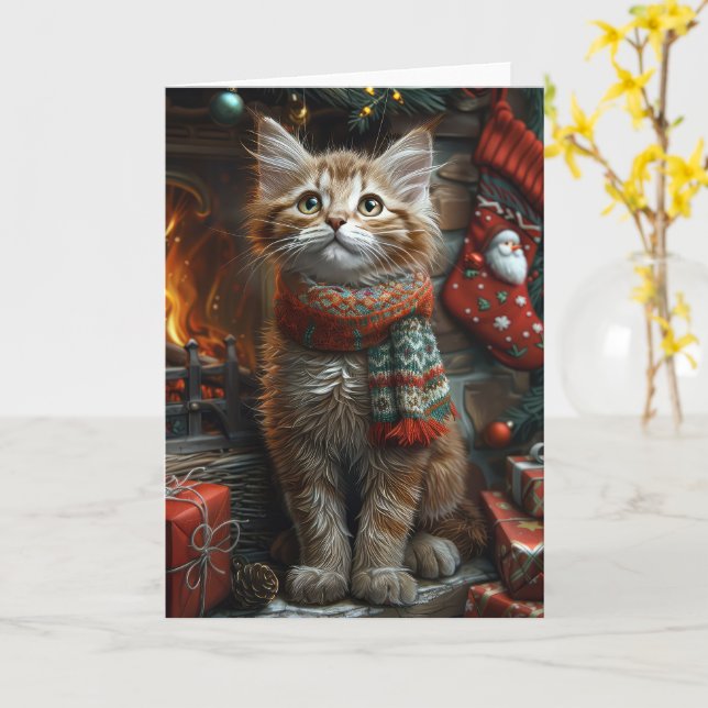 Maine Coon Cat With Christmas Gifts Fireplace Card (Yellow Flower)
