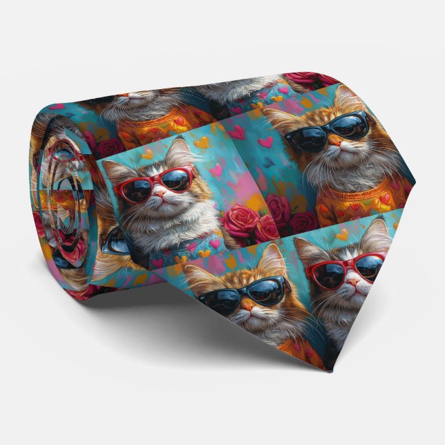Maine Coon Cat with Heart Roses Valentine's Day Tie (Rolled)