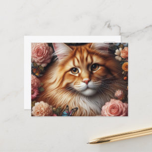 Maine Coon Cat with Pink Flowers  Postcard
