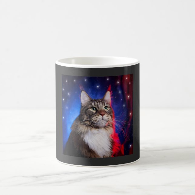 Maine Coon Cat With Red White Blue Aura And Stars Coffee Mug (Center)