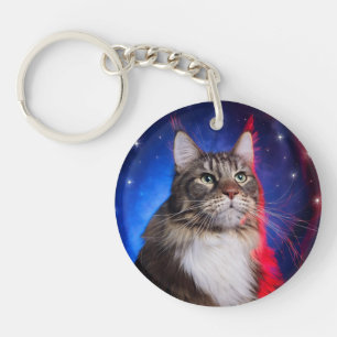 Maine Coon Cat With Red White Blue Aura And Stars Key Ring