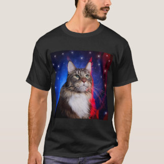 Maine Coon Cat With Red White Blue Aura And Stars T-Shirt