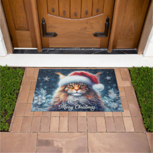 Maine Coon Cat with Santa Hat Merry Christmas Doormat