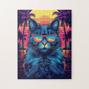 Maine Coon cat with sunglasses at a tropical beach Jigsaw Puzzle