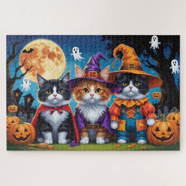 Maine Coon Cats Pumpkin Halloween Funny Jigsaw Puzzle (Horizontal)
