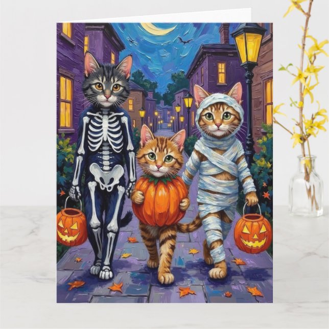 Maine Coon Cats Trick-or-Treating in Halloween  Card (Yellow Flower)