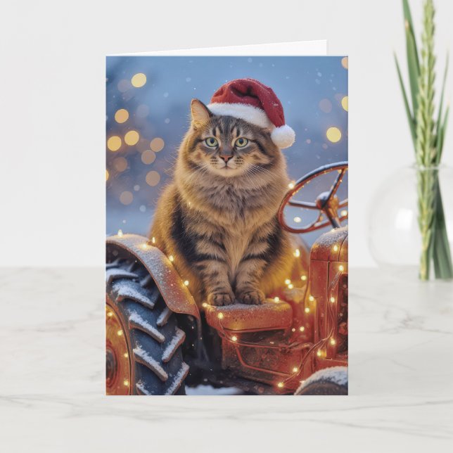 Maine Coon Christmas Cat On an Old Tractor Card (Front)