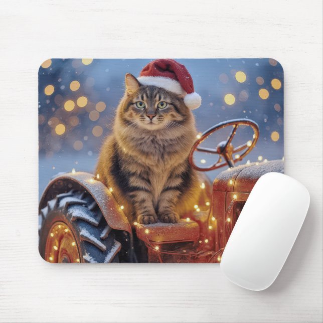 Maine Coon Christmas Cat On an Old Tractor Mouse Mat (With Mouse)