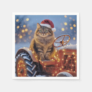 Maine Coon Christmas Cat On an Old Tractor Napkin