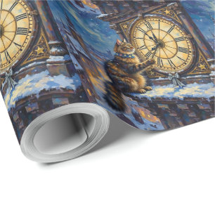 Maine Coon Christmas Clock Tower Midnight Wrapping Paper