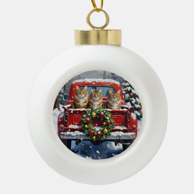 Maine Coon Christmas Red Truck Holiday Ceramic Ball Christmas Ornament (Front)