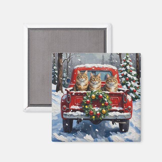 Maine Coon Christmas Red Truck Holiday Magnet (Front/Back)